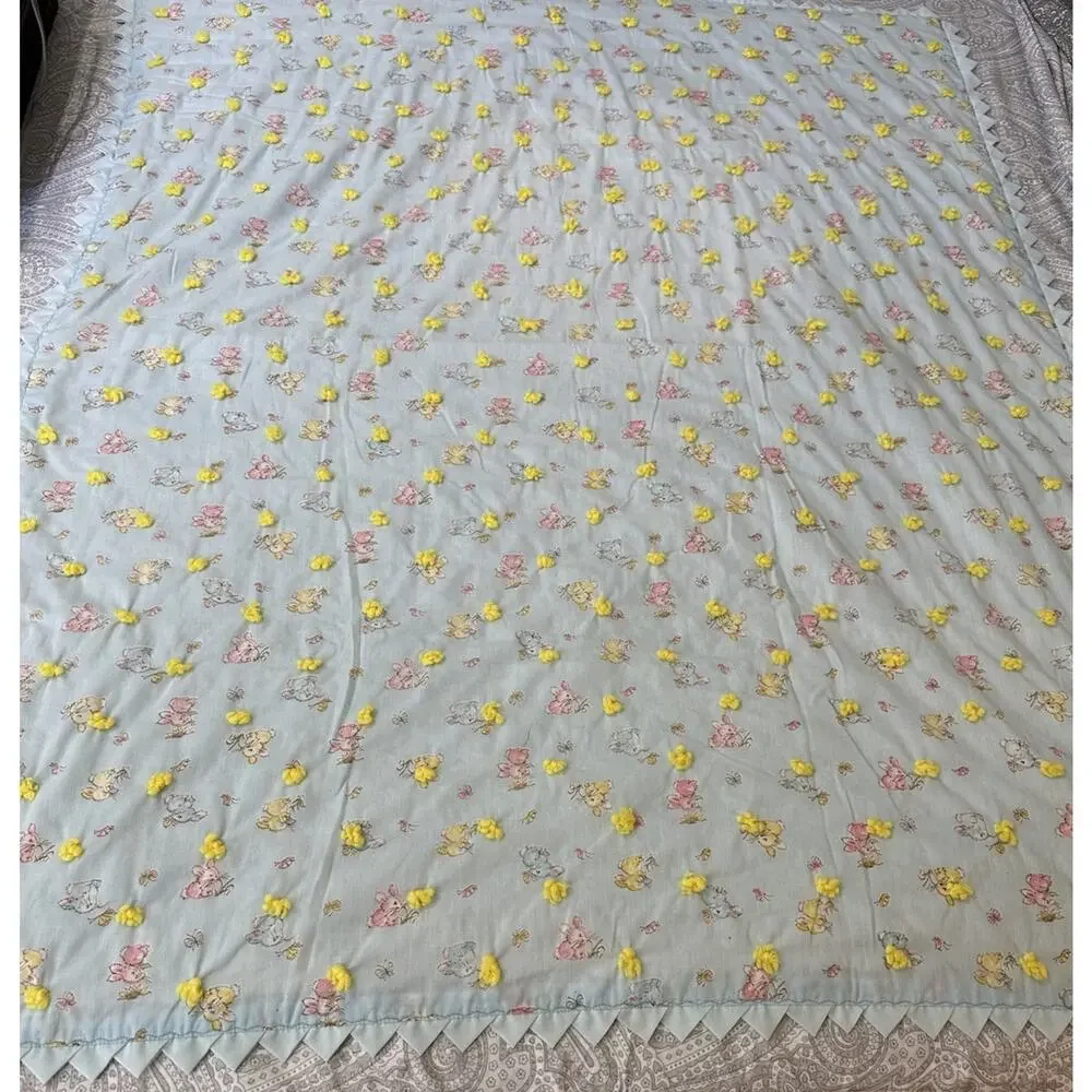 VTG Antique Hand Made Baby Quilt‎ Hand Tied Unisex Blanket Nursery 48 X 42 Bunny